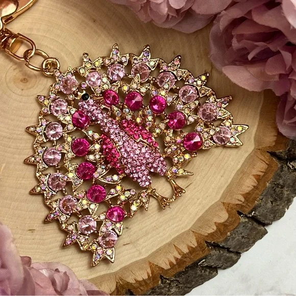 Beautiful Pink Crystal Peacock Keychain Charm - Picture 9 of 14